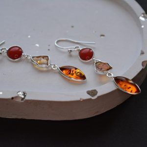 Earrings of Silver 925 hook with semi-precious stones Amber and Coral Theros mk-jewels