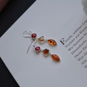Earrings of Silver 925 hook with semi-precious stones Amber and Coral Theros mk-jewels
