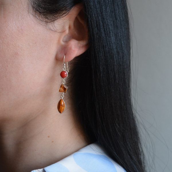 Earrings of Silver 925 hook with semi-precious stones Amber and Coral-Theros-mk-jewels