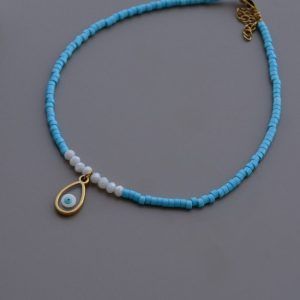 Βραχιόλι ποδιού με γαλάζιες χάντρες και ματάκι-Mataki-mk-jewels