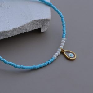 Ankle bracelet with blue beads and eye-Mataki-mk-jewels
