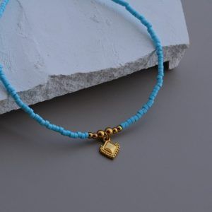 Βραχιόλι ποδιού με γαλάζιες χάντρες και χρυσά στοιχεία-Mila blue-mk-jewels