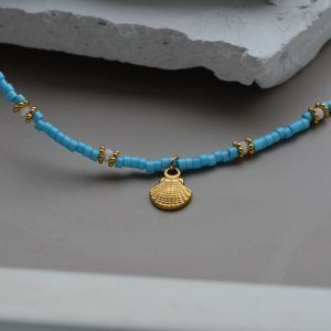 Necklace with blue beads and shell-Sunlit Shell-mk-jewels