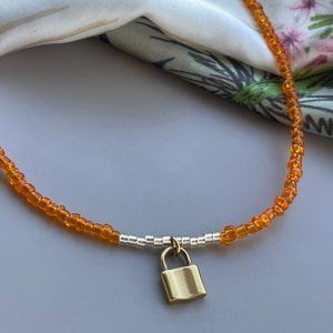 Necklace with orange, gold beads and padlock-Sun Kissed-mk-jewels