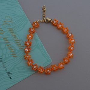 Χειροποίητο Βραχιόλι με λουλούδια από πορτοκαλί και χρυσές χάντρες-Blossom Orange-mk-jewels