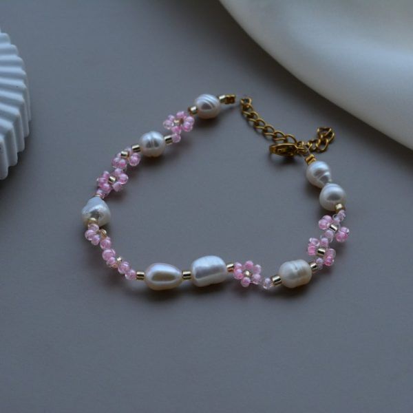 Χειροποίητο Βραχιόλι με λουλούδια από ροζ χάντρες και μαργαριτάρια-Blossom Pearl-mk-jewels
