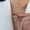 Gold plated steel pendant cross with roses and heart shaped stone Melisandre cross mkjewels2