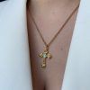 Gold plated steel pendant cross with roses and heart shaped stone-Melisandre cross-mkjewels