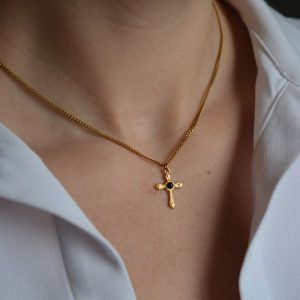 Gold plated steel pendant cross with black stone- Renata cross-mkjewels