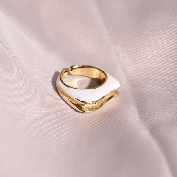 Gold plated steel ring with white enamel- Joan white- mk jewels